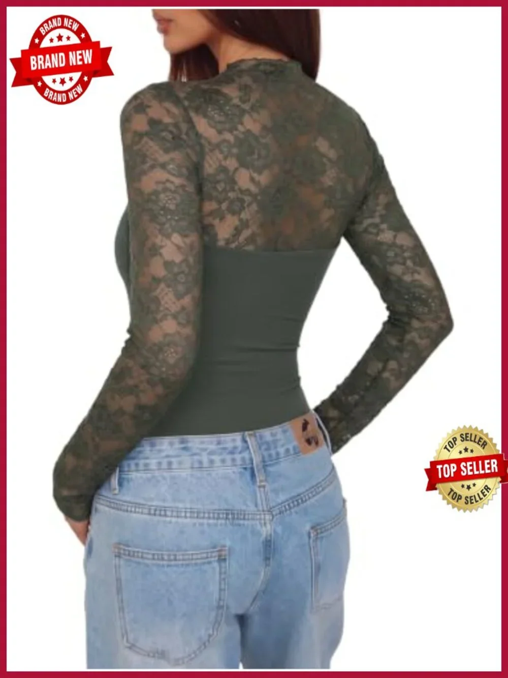 Women's Lace Cutout Bodysuit Long Sleeve Mock Neck Sexy Thong Snap Crotch